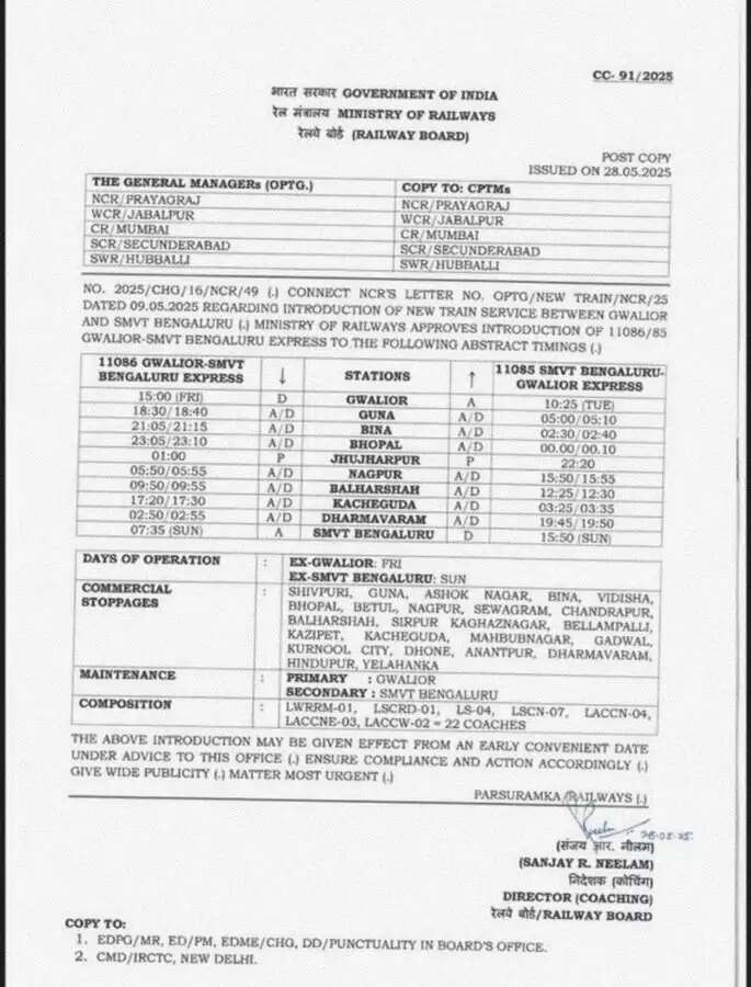  ग्वालियर से बेंगलुरु
